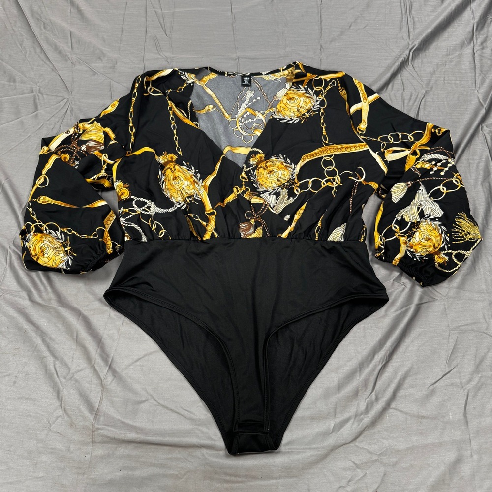 Shein Curve Womens 2XL Black Gold Baroque Chain Print V-Neck Lantern Bodysuit